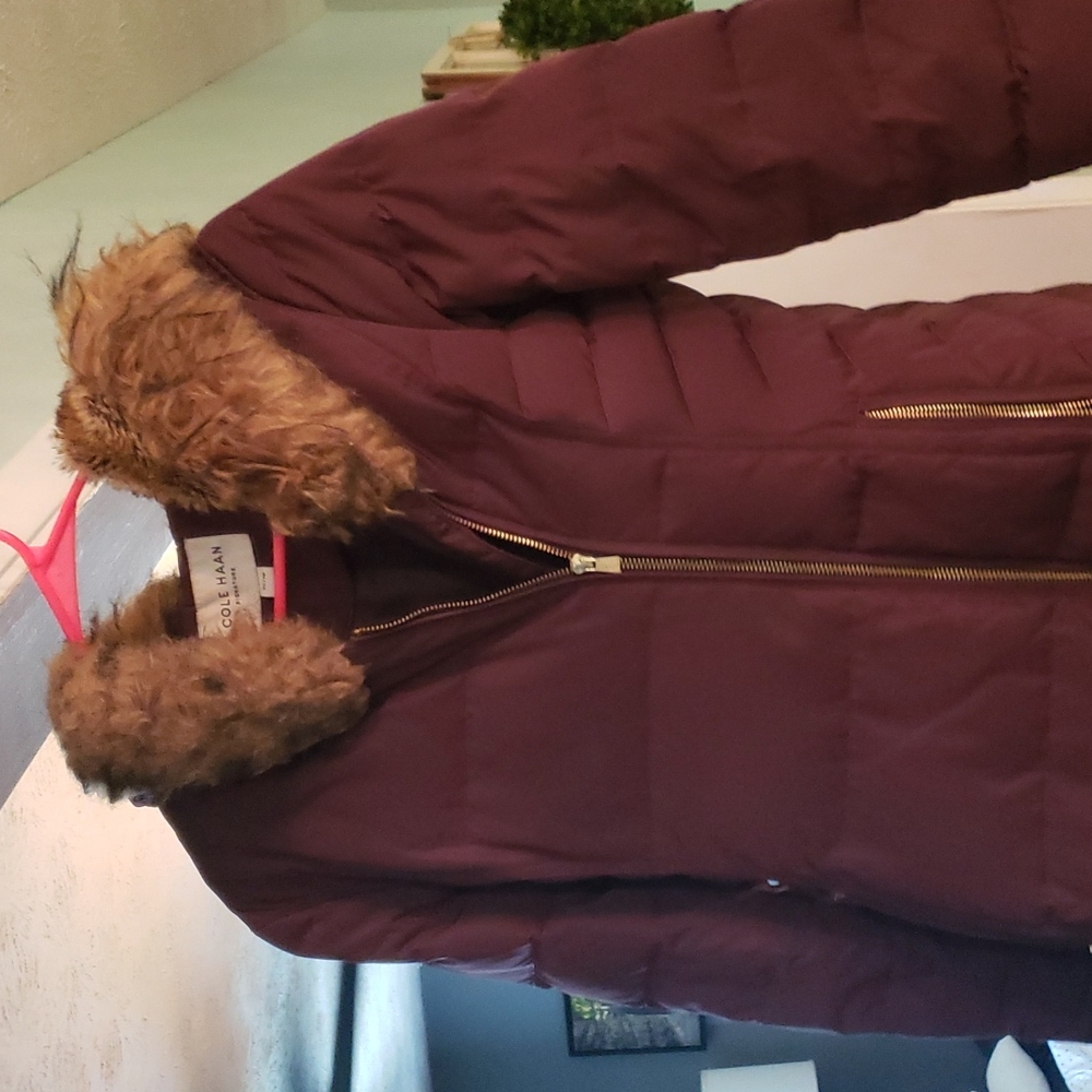 Cole haan long feather down coat with fur collar maroon/purple